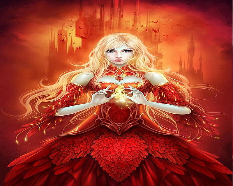 Red of Queen, red, fantasy, female, queen, magic, castle, HD wallpaper
