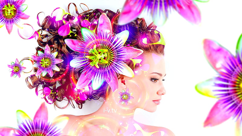 Beauty, passiflora, model, creative, abstract, woman, tony kokhan, fantasy, girl, summer, passion flower, HD wallpaper