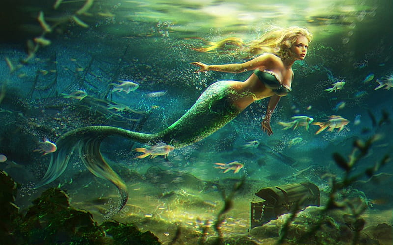 Beautiful Mermaid, underwater, fishes, green, treasure chest, mermaid, blonde, bonito, HD wallpaper