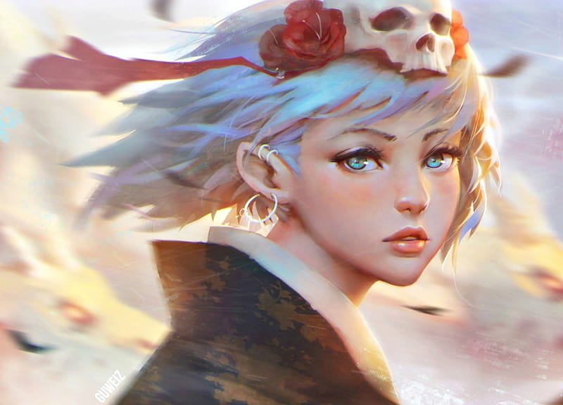 Wind, art, luminos, orange, guweiz, woman, fantasy, girl, flower, face, skull, blue, HD wallpaper