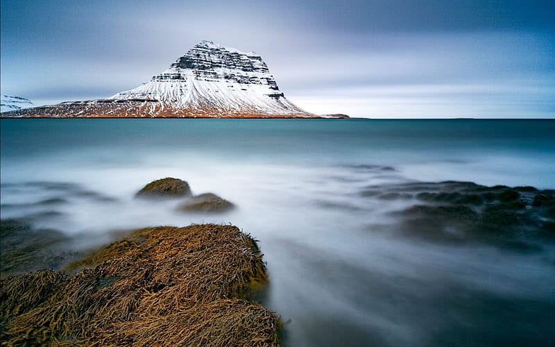 Mount Kirkjufell, Iceland, mountain, rocks, nature, sea, HD wallpaper