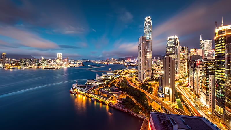 Hong Kong, architecture, modern, buildings, night, skyscrapers, HD wallpaper