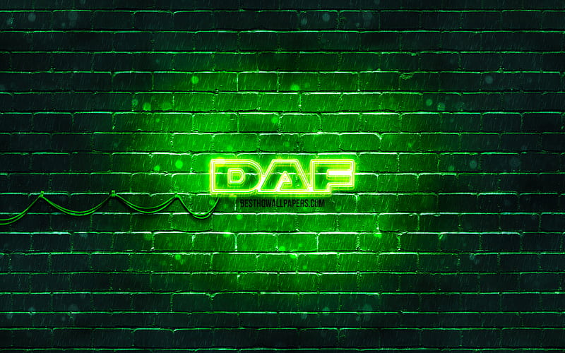 DAF green logo green brickwall, DAF logo, cars brands, DAF neon logo, DAF, HD wallpaper