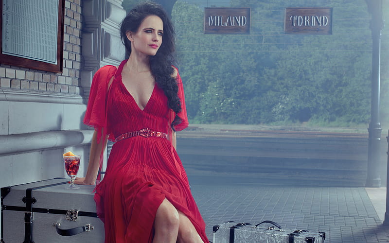 Eva Green, red dress, ession, train station, suitcase, French actress, Hollywood star, fashion model, HD wallpaper