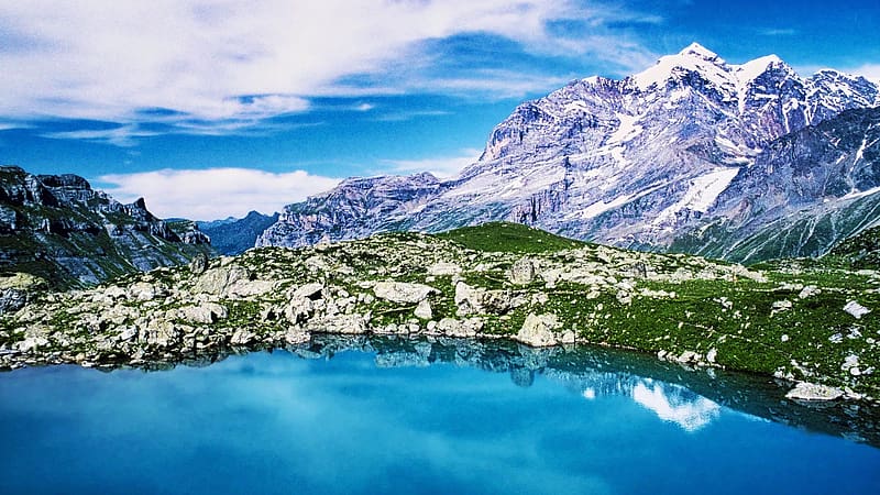 Lake Oberhornsee, Lauterbrunnen, Switzerland, clouds, landscape, sky, water, mountains, rocks, alps, village, HD wallpaper