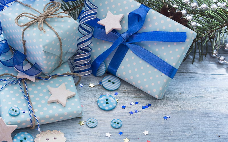 Christmas, New Year, blue gift boxes, decoration, Christmas tree, white wooden stars, HD wallpaper
