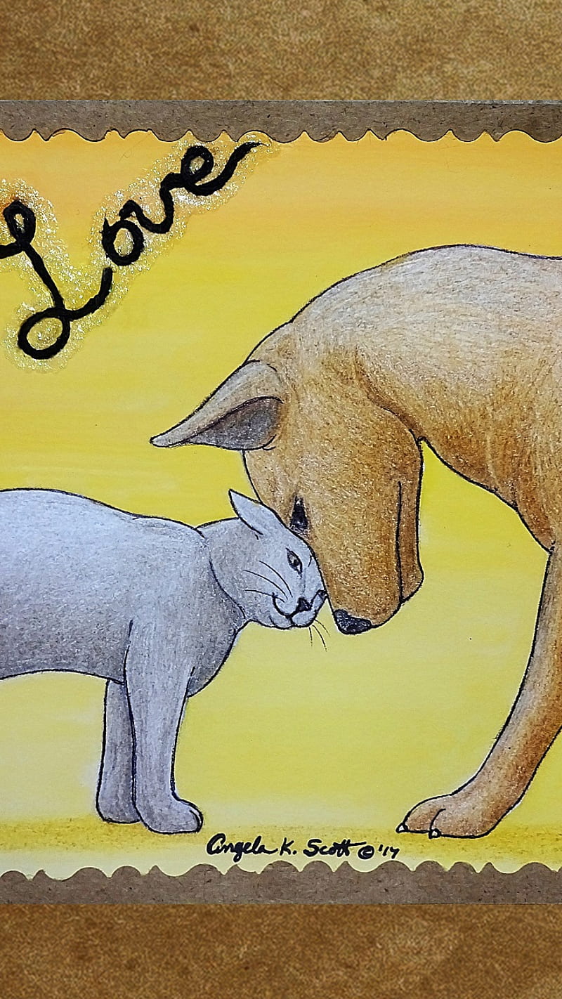 Love Pets -cat dog, art, cat, drawings, friends, kitty, pet, puppy, together, HD phone wallpaper