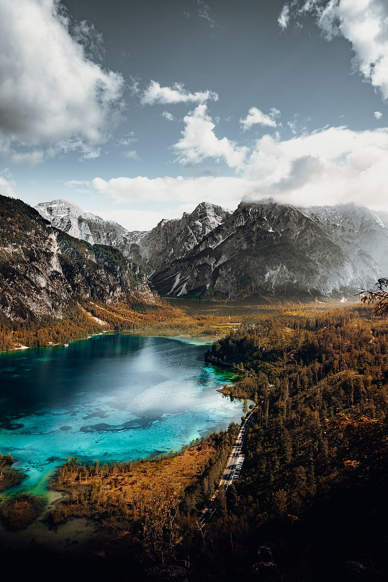 mountains, lake, rocks, road, landscape, HD phone wallpaper