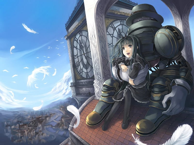 Top of the World, scenic, robot, anime, feather, hot, anime girl, scenery,  long hair, HD wallpaper | Peakpx
