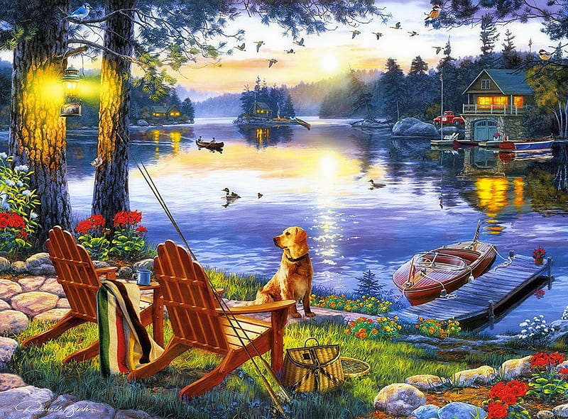 Boy Fishing, art, bonito, illustration, lake, artwork, Homer, boat, painting,  HD wallpaper