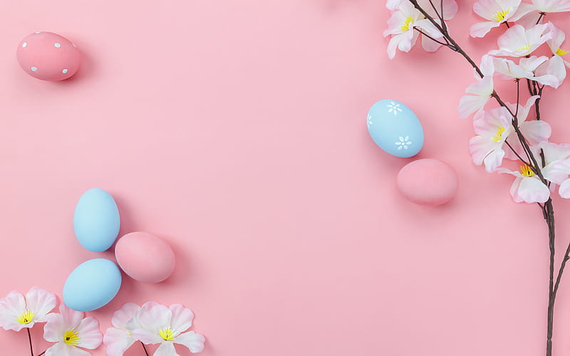 pink background with easter eggs, spring, easter, spring flowers, easter eggs, HD wallpaper
