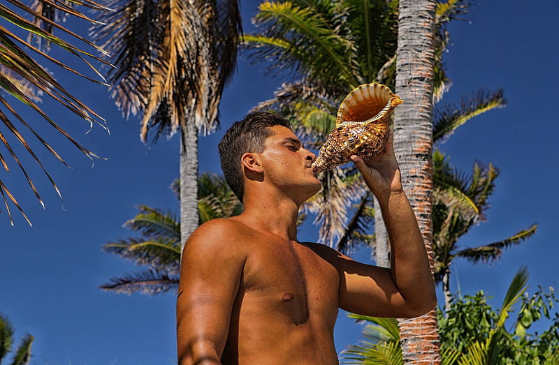 Tahitian Man blows on shell Bora Bora, blows, polynesia, sea, beach, lagoon, bora bora, sand, polynesian, islander, islands, blow, tahitian, ocean, pacific, man, conch, south, shell, local, island, tahiti, HD wallpaper