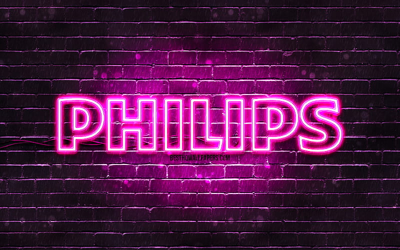 Philips purple logo purple brickwall, Philips logo, brands, Philips neon logo, Philips, HD wallpaper