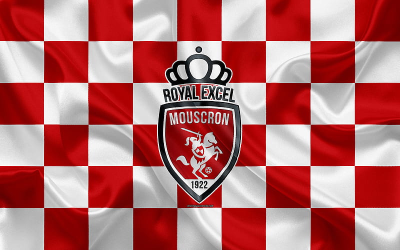 Royal Excel Mouscron logo, creative art, white red checkered flag, Belgian football club, Jupiler Pro League, Belgian First Division A, emblem, silk texture, Mouscron, Belgium, football, Mouscron FC, HD wallpaper