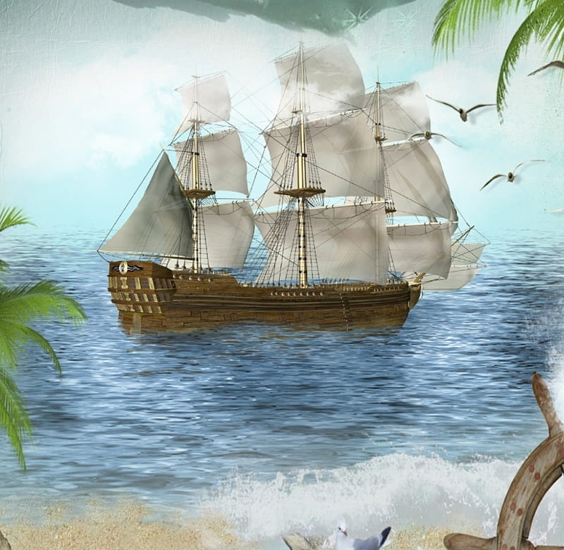 *Travelling in calm waters*, art, sail boat, fantasy land, places, palm, trees, handlebars, sea, seabirds, fantasy, calm, summer, tropic, gulls, blue, HD wallpaper
