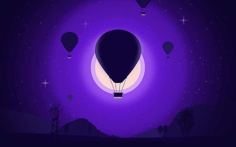air balloon night, moon, aircraft, hot air balloon, minimal, silhouette of air balloon, HD wallpaper