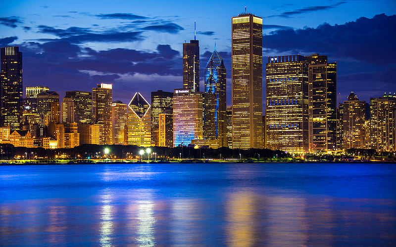 Chicago, Lake Michigan, skyscrapers, modern buildings, night, city lights, cityscape, Illinois, USA, HD wallpaper