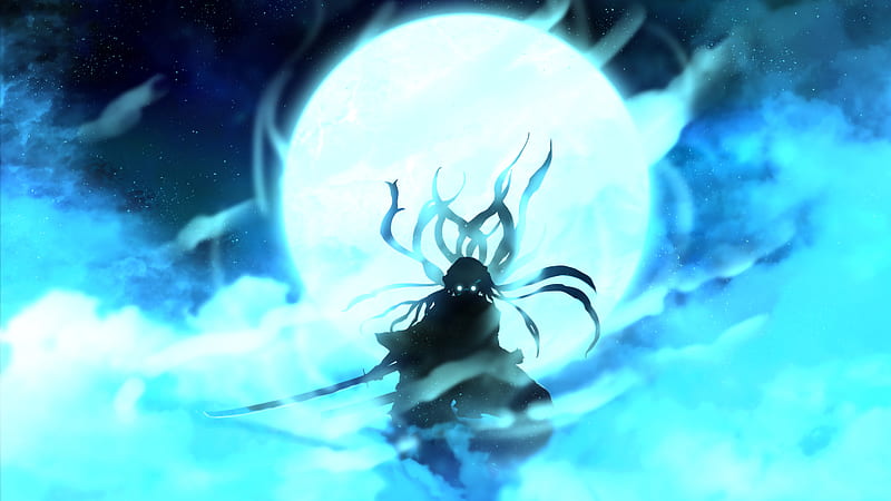 Demon Slayer Long Hair Muichiro Tokito On Back View With Background Of Blue Moon And Dark Sky With Stars Anime, HD wallpaper