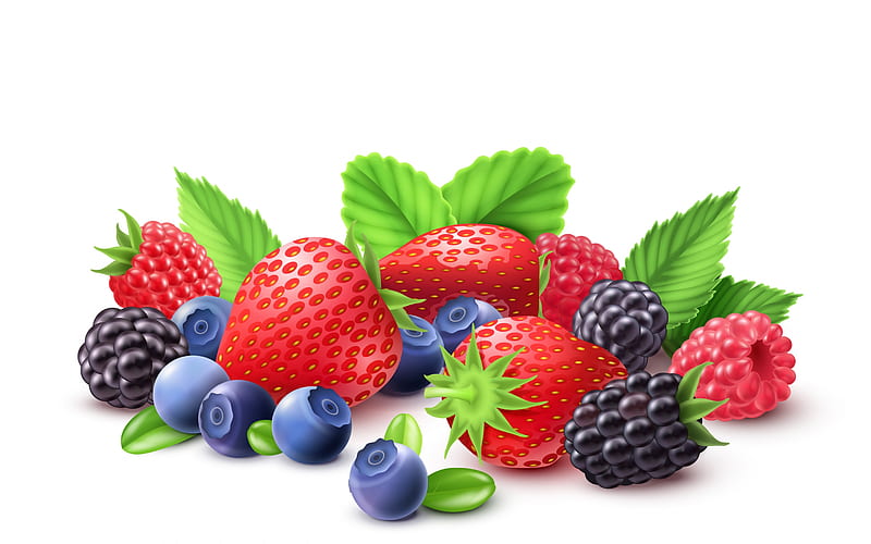 Berries, red, green, berry, strawberry, blueberry, blackberry, raspberry, blue, fruit, HD wallpaper