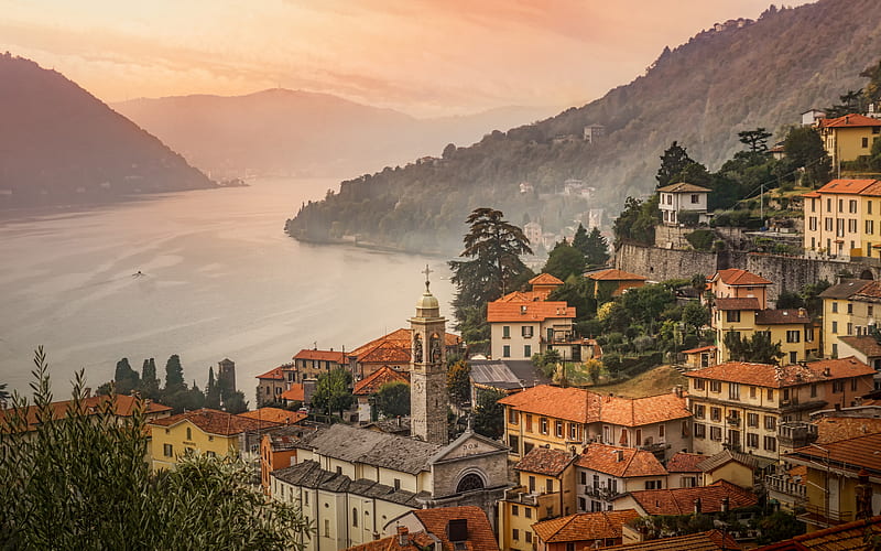 Moltrasio, Como Lake, morning, fog, mountain lake, Moltrasio cityscape, Lombardy, Italy, Province of Como, HD wallpaper