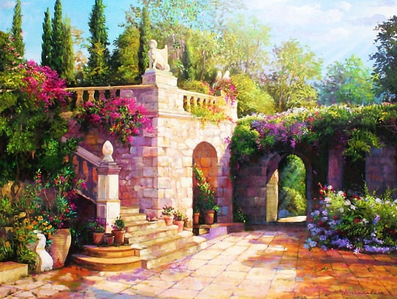 Mediterranean Garden, arches, wall, trees, plants, HD wallpaper