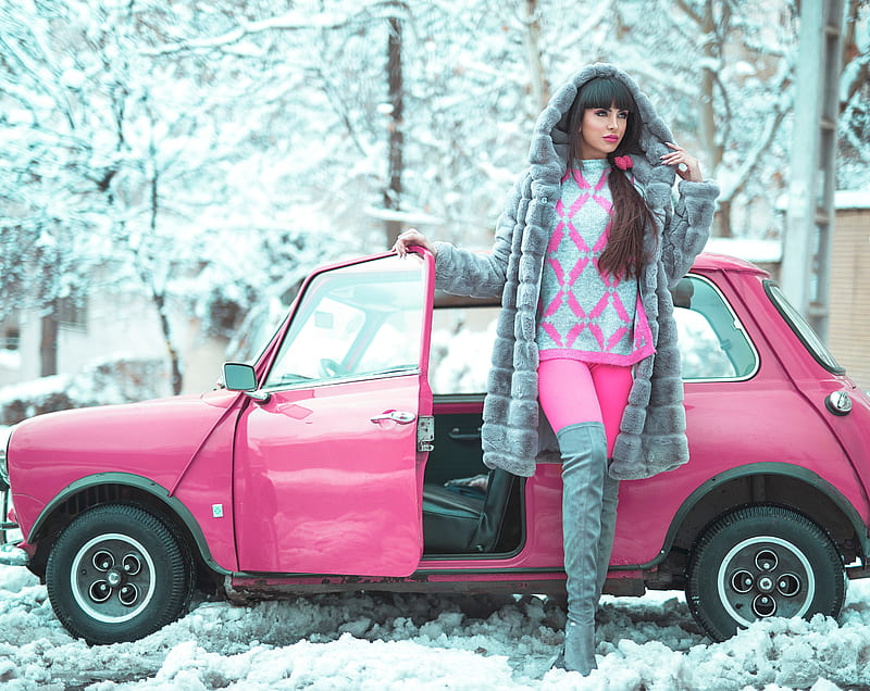Beautiful Girl, Winter, Pink Retro Small Car Ultra, Girls, Girl, Style, bonito, Winter, Woman, desenho, Snow, Retro, Beauty, Model, Pretty, aesthetic, longlegs, pinkcar, smallcar, HD wallpaper