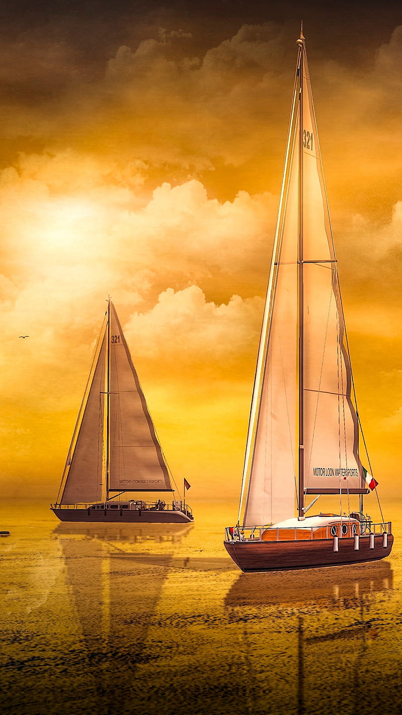 Orange, boat, boats, nature, ocean, orange sky, reflection, sailing, sea, sunset, HD phone wallpaper