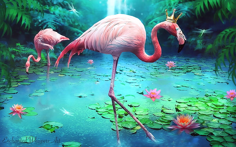 Flamingo Sanctuary, lovely, water, sanctuary, waterfall, digital, Flamingos, nature, tropical, pink, HD wallpaper