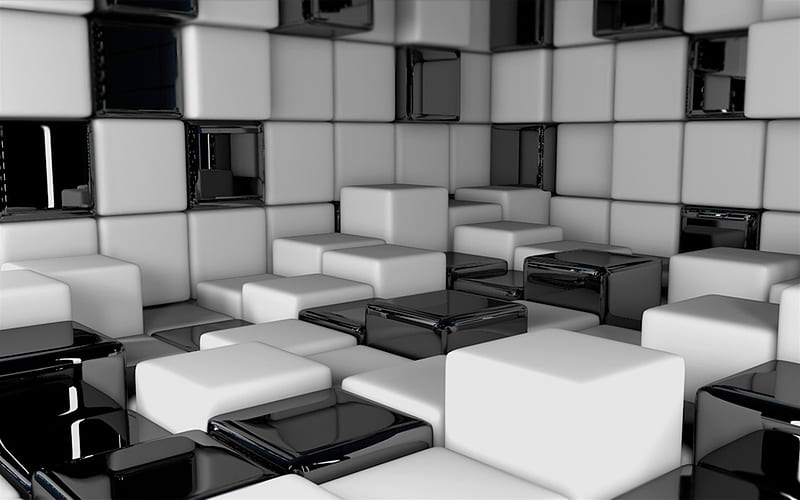 white and black 3D cubes, creative 3D background, cubes background, white cubes, black cubes, HD wallpaper