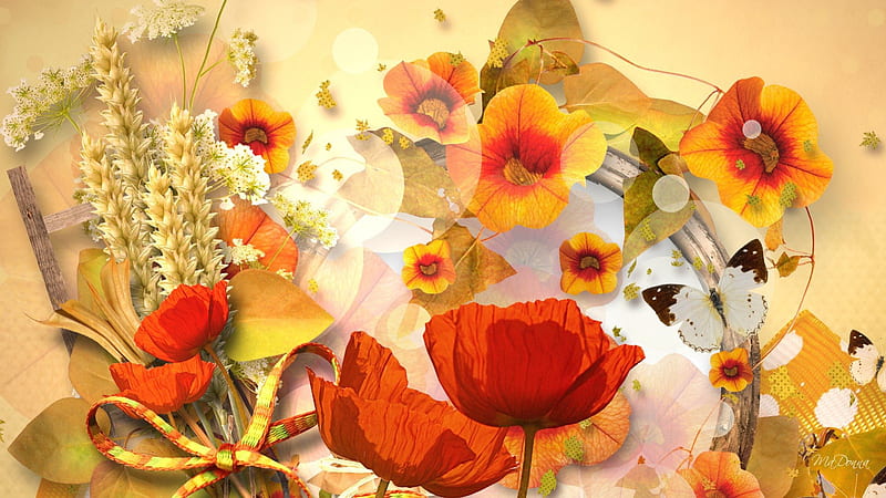 An Autumn To Remember, fall, colorful, flowers, autumn, orange, wheat, poppies, ribbons, gold, butterfly, bright, papillon, flowers, poppy, colors, butterflies, nasturtium, HD wallpaper