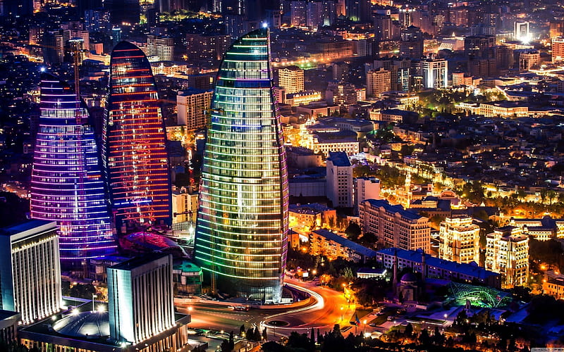 azerbaijan, lights, capital, megapolis, skyscrapers, baku, city, panorama, HD wallpaper