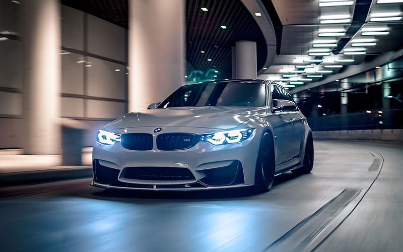 BMW M3, night, F80, tuning, 2018 cars, white m3, supercars, german cars, BMW, HD wallpaper