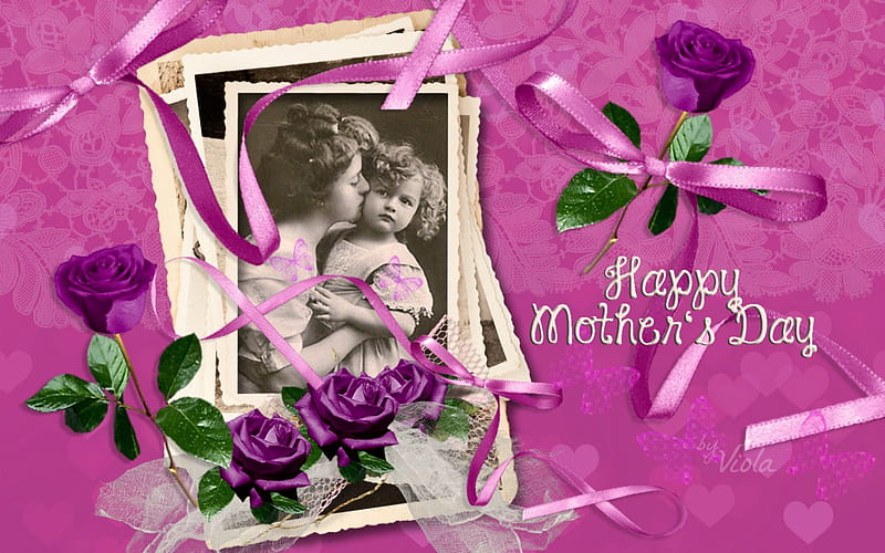 Vintage Mother's Day, Viola Tricolor, purple roses, rose, lace, ribbon, butterflies, bow, corazones, Mothers Day, love, child, Mother, pink, vintage, HD wallpaper