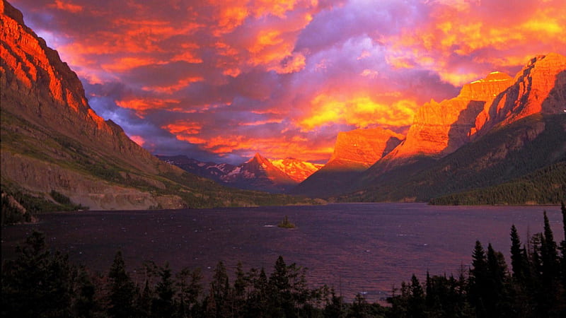 Glacier National Park, Alberta, Canada, mountains, sunset, clouds, sky, lake, HD wallpaper
