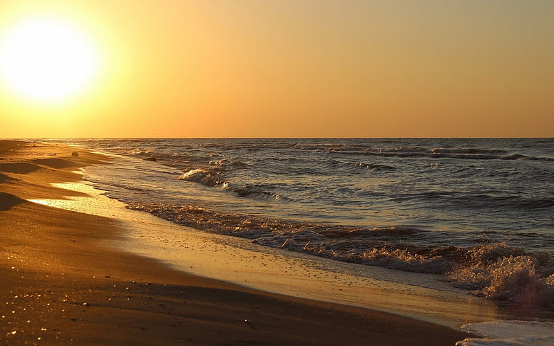 Sunset, ocean, coast, beach, sand, evening, sun, waves, HD wallpaper