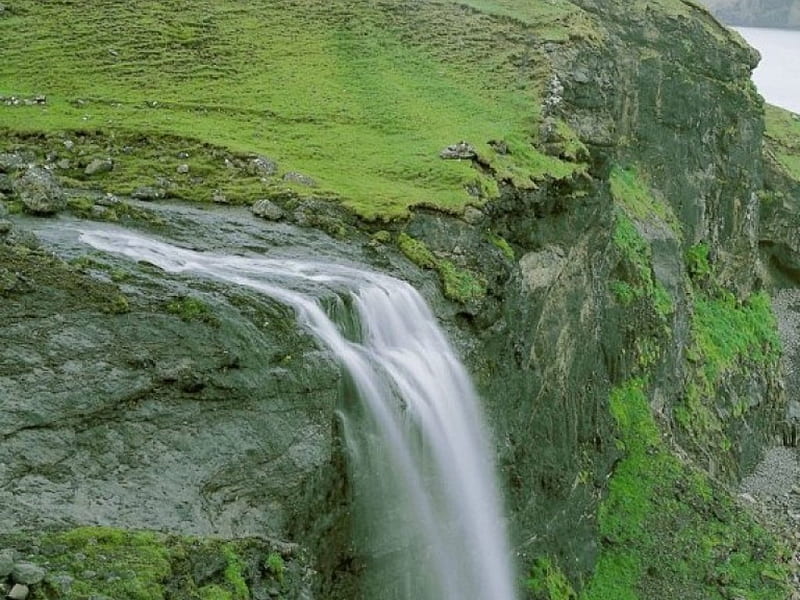 View from Faroe Island, waterfall, faroe island, mountains, ocean, HD wallpaper