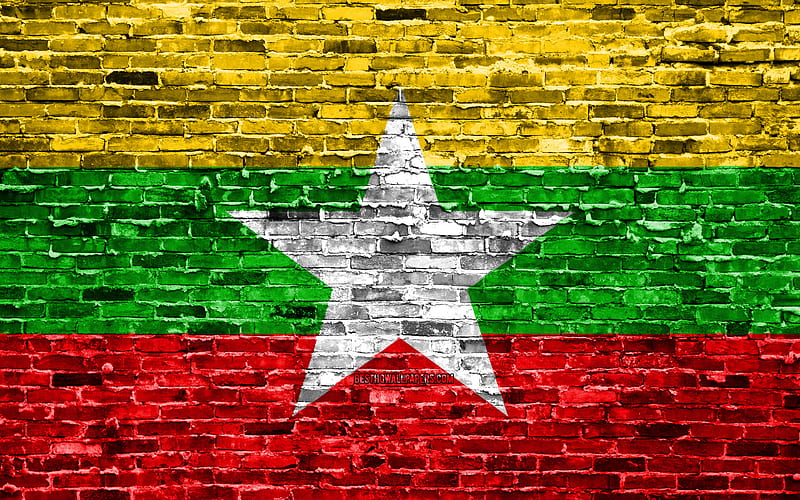 Myanmar flag, bricks texture, Asia, national symbols, Flag of Myanmar, brickwall, Myanmar 3D flag, Asian countries, Myanmar, HD wallpaper