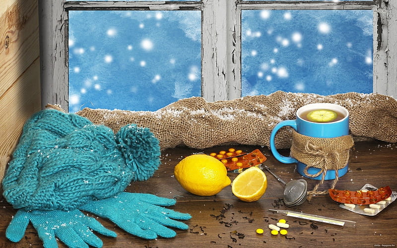 Drinking tea in winter, citron, window, drink, tea, lemon, winter, HD wallpaper