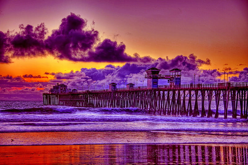 SUNSET CLOUDS, beach, pier, sunset, clouds, sea, HD wallpaper