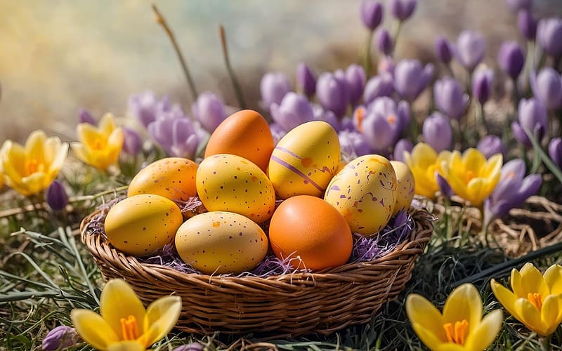 Happy Easter Time!, basket, eggs, easter, crocuses, AI art, HD wallpaper
