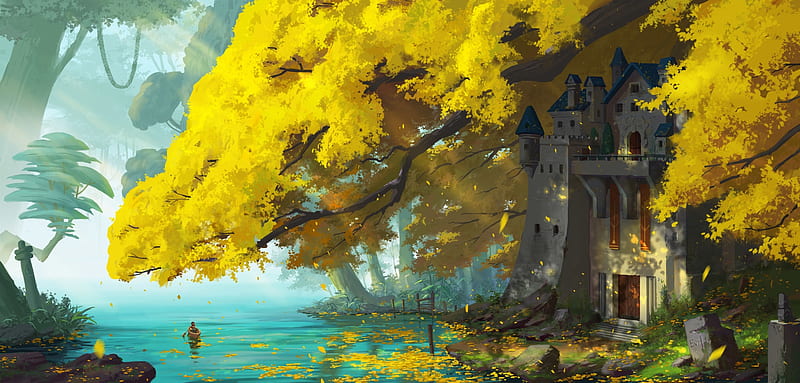 Autumn, art, frumusete, luminos, toamna, yellow, leaf, lake, boat