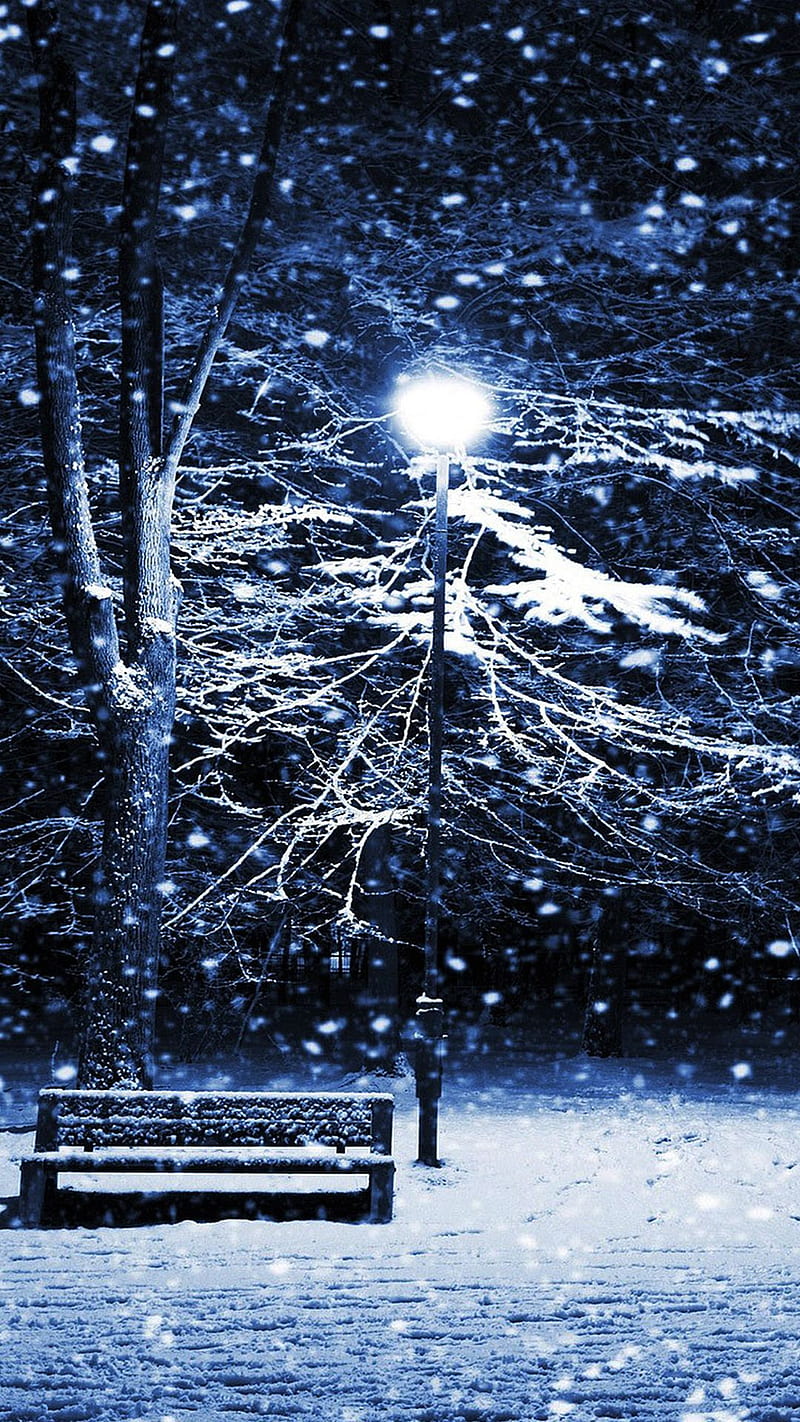 Snow Park, bench, blue, evening, light, lightpole, snow, HD phone wallpaper