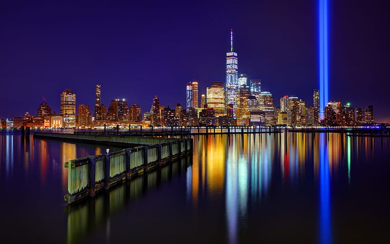 New York, World Trade Center 1, night cityscape, skyscrapers, modern city, USA, neon light lines, HD wallpaper