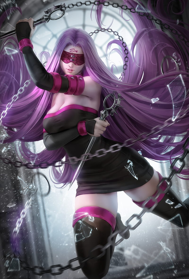 Rider (Fate/Stay Night), Fate Series, anime, anime girls, purple hair, long hair, tattoo, covered eyes, parted lips, arm warmers, weapon, chains, dress, bare shoulders, cleavage, thigh-highs, portrait display, vertical, broken glass, backlighting, artwork, drawing, digital art, fan art, Zarory, Fate/Stay Night, fate/stay night: heaven's feel, 2D, thick thigh, black dress, blindfold, women, HD phone wallpaper