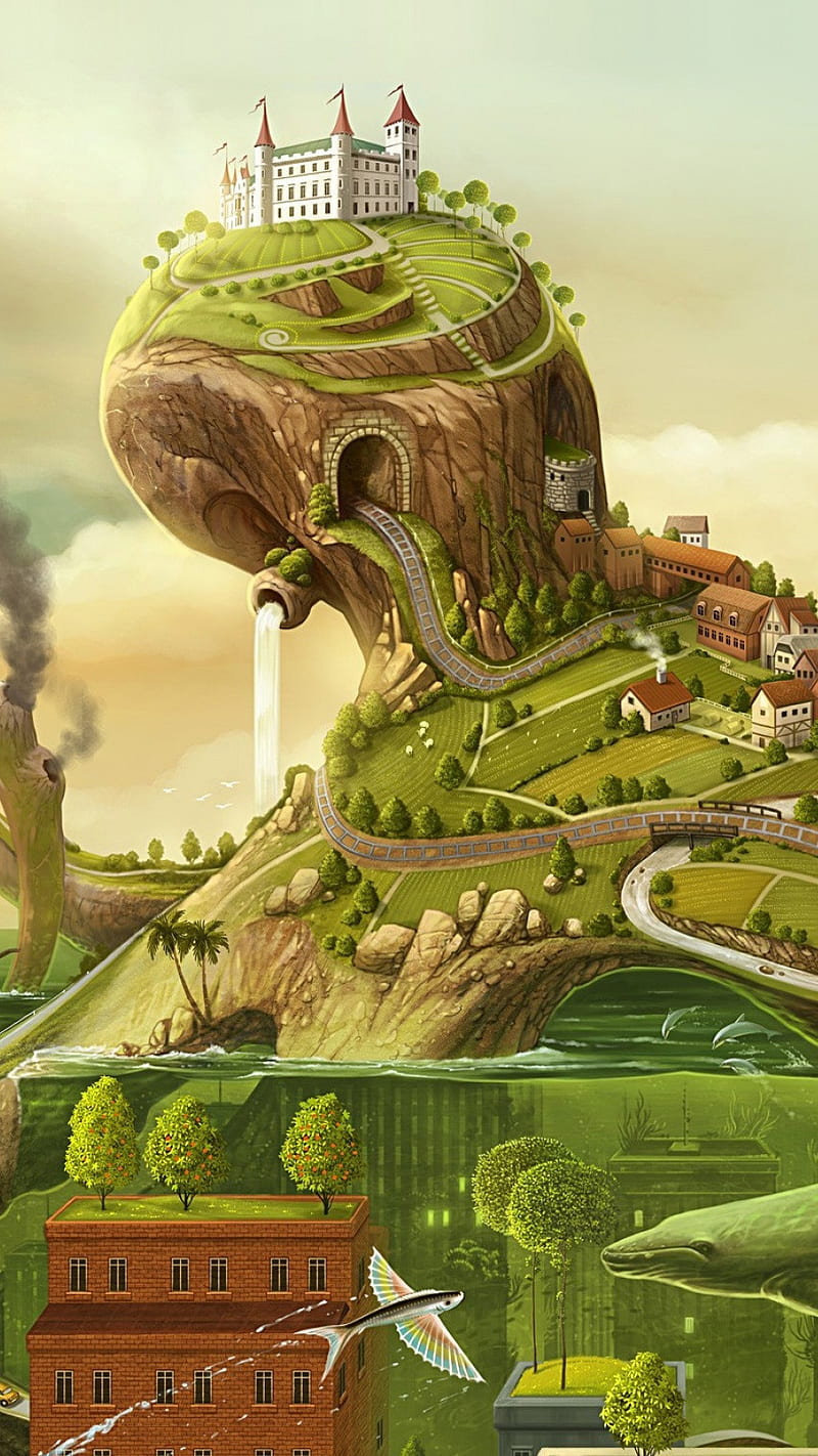 Landscape Castle , green, art, HD phone wallpaper