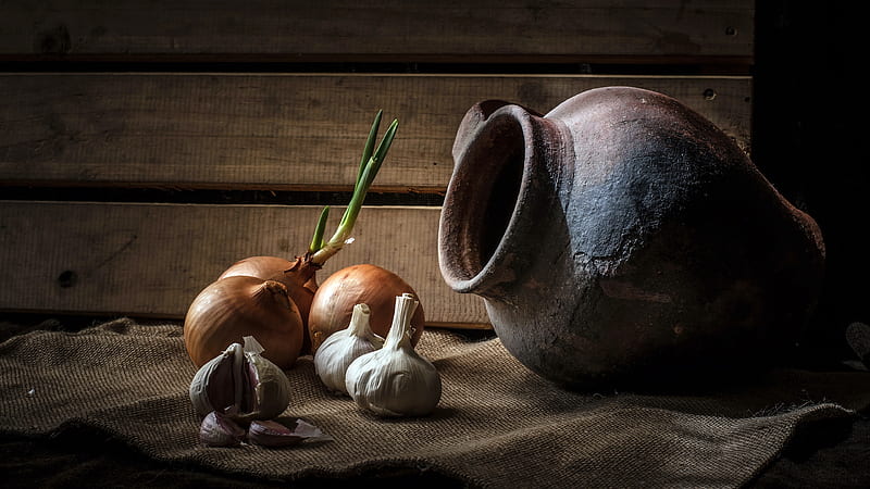 Food, Still Life, Garlic, Jug, Onion, HD wallpaper
