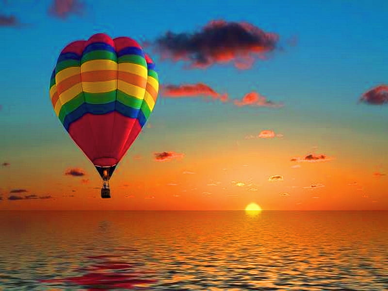 Afloat in the sunset, sunset, balloon, sky, clouds, HD wallpaper | Peakpx