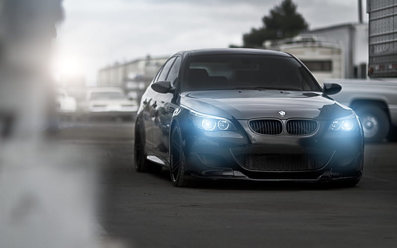 E60, BMW M5, tuning, headlights, road, black M5, BMW, HD wallpaper