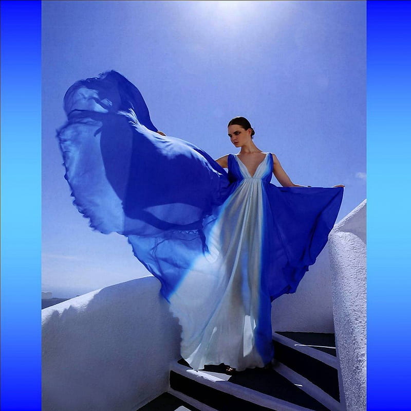 SOARING BLUE, femme, robe, bleu vent, voile, HD wallpaper