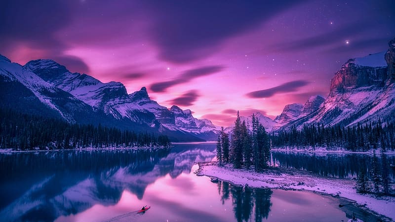 Spirit Island, Maligne Lake, Jasper NP, Alberta, clouds, reflections, trees, water, colors, mountains, sky, rocks, sunrise, HD wallpaper